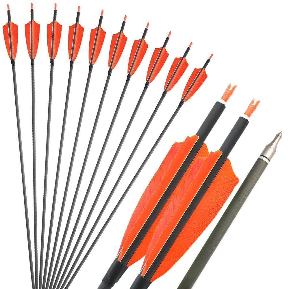 ZSHJGJR Archery Carbon Arrows 400 Spine Practice Target Hunting Arrows 33 inch for Recurve Bow Compound Bow with Removable Tips 6/12pcs (12pcs, Orange)