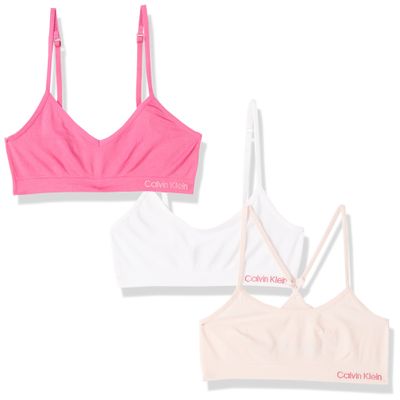 Calvin Klein Kids Girls' Cropped Cotton Cami Bralette 3-Pack, Fuschia Fedora/White/Crystal Pink, Large
