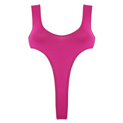 QinCiao Women's See Through High Cut One Piece Backless Thong Brazilian Bikini Monokini Swimsuits Hot Pink One Size