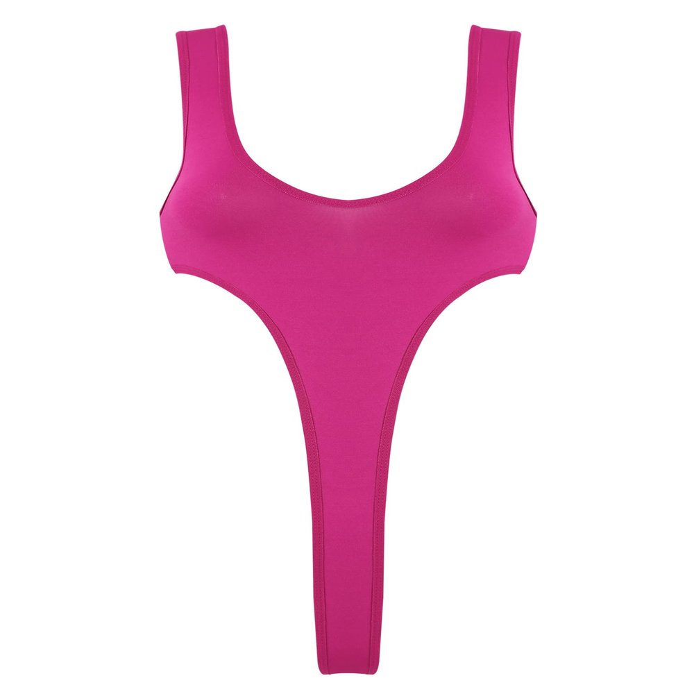QinCiao Women's See Through High Cut One Piece Backless Thong Brazilian Bikini Monokini Swimsuits Hot Pink One Size