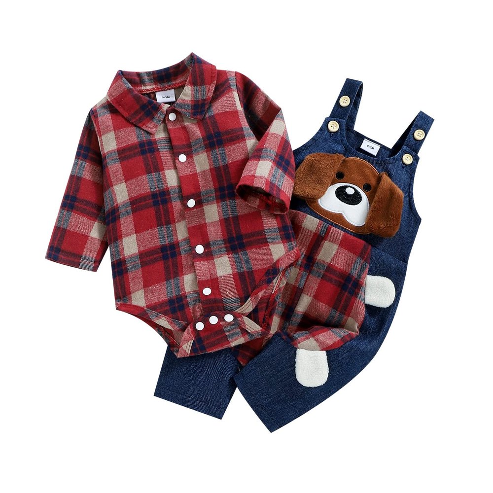 ODASIRA Baby Boy Clothes Infant Outfits Long Sleeve Plaid Bodysuit Romper + Jeans Overalls Jumpsuit Pants Sets Red 0-3 Months 70cm