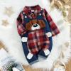 ODASIRA Baby Boy Clothes Infant Outfits Long Sleeve Plaid Bodysuit Romper + Jeans Overalls Jumpsuit Pants Sets Red 0-3 Months 70cm view 2