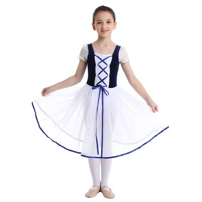 Aislor Girls Lyrical Ballet Leotard Dress Princess Lace-up Front Short Bubble Sleeve Dancewear Performance Costume Navy Blue Velvet 9-10 Years