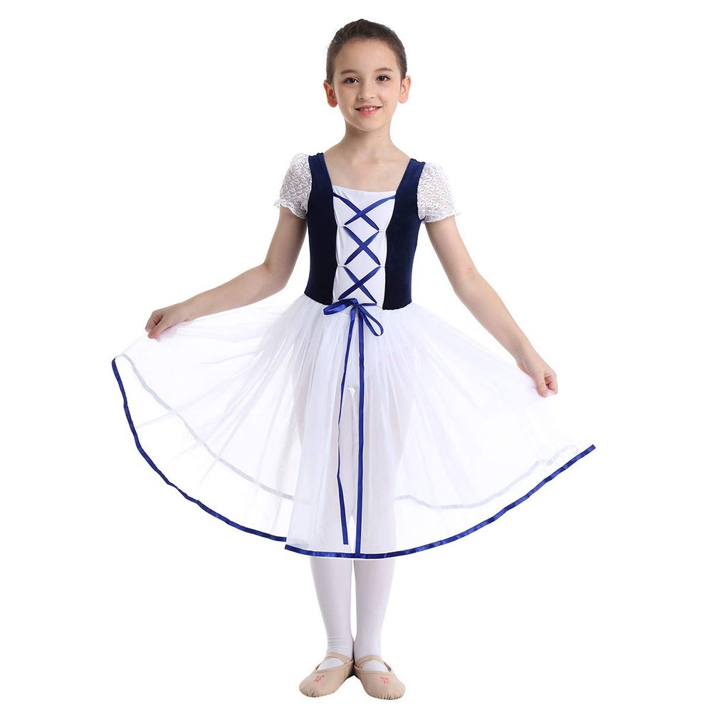 Aislor Girls Lyrical Ballet Leotard Dress Princess Lace-up Front Short Bubble Sleeve Dancewear Performance Costume Navy Blue Velvet 9-10 Years