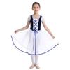 Aislor Girls Lyrical Ballet Leotard Dress Princess Lace-up Front Short Bubble Sleeve Dancewear Performance Costume Navy Blue Velvet 9-10 Years view 1
