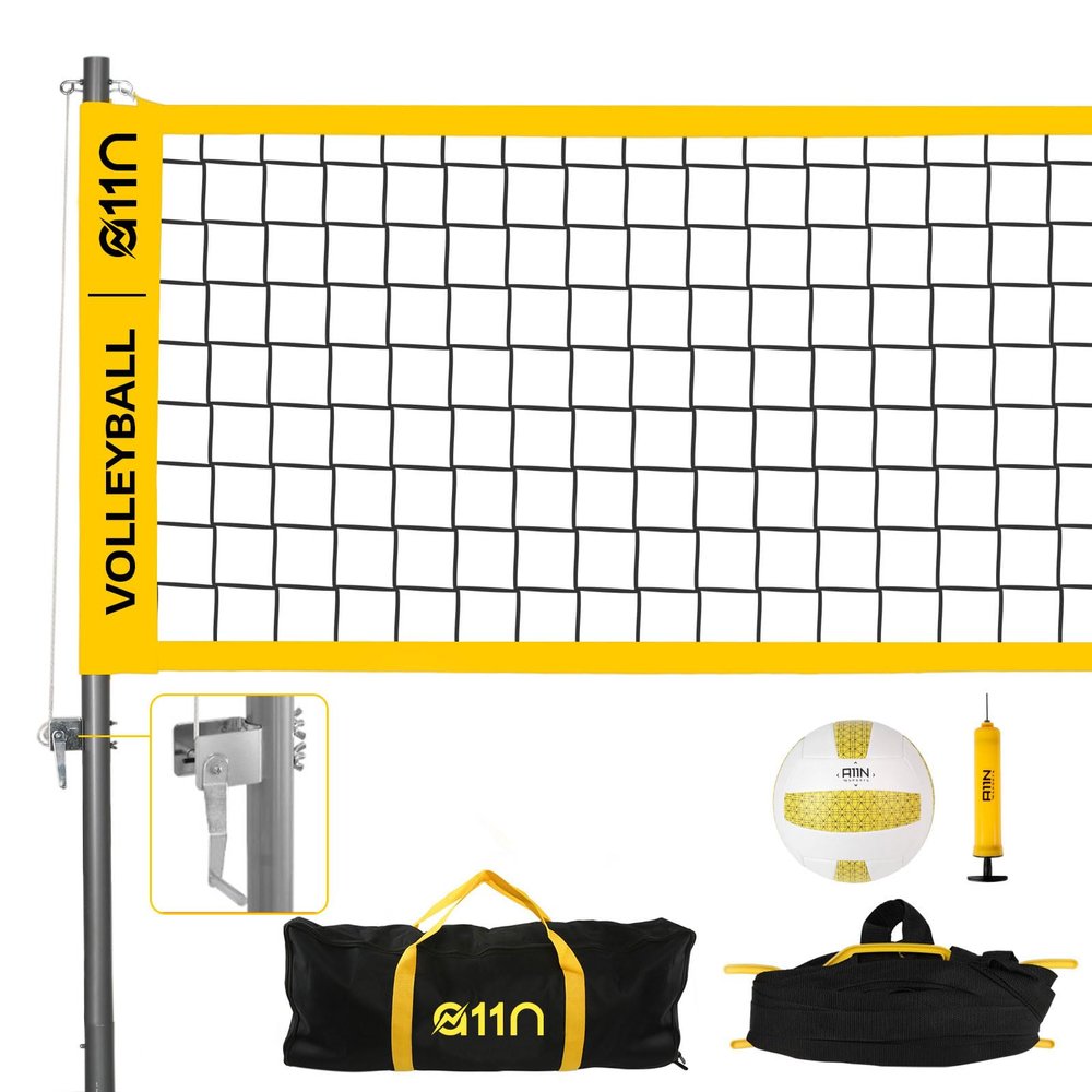 A11N Sports Heavy-Duty 32ft Outdoor Volleyball Net with Anti-Sag System - Portable Set Includes Volleyball, Net, Air Pump, Boundary Markers and Bag - Perfect for Backyard, Beach, and Park