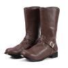 Shije Men's Knight Boots Vintage Medieval Faux Leather Boots Buckle Round Toe Booties Mid Heel Riding Boots Flat Bottomed Boots view 3