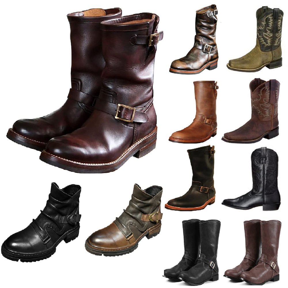 Short Boots Men Side Buckle Leather Boots Western Boots Vintage Knight Boots Cowboy Boots Leather Cowboy Boots