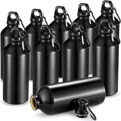 CHENGU 10 Pcs Aluminum Water Bottle 20 oz Reusable Bottles Lightweight Leak Proof Aluminum Sports Travel Bottles with Twist Cap Buckle for Gym, Hiking, Cycling, Camping, Fishing (Black)
