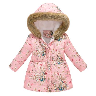 Kids Toddler Baby Girls Boys Fall Light Puffer Floral Print Faux Fur Hoodie Zip Up Fleece Jacket Thick Down Winter Warm Coats Windproof Peacoat Overcoat Outwear Windbreaker Pink-Floral 3-4 Years