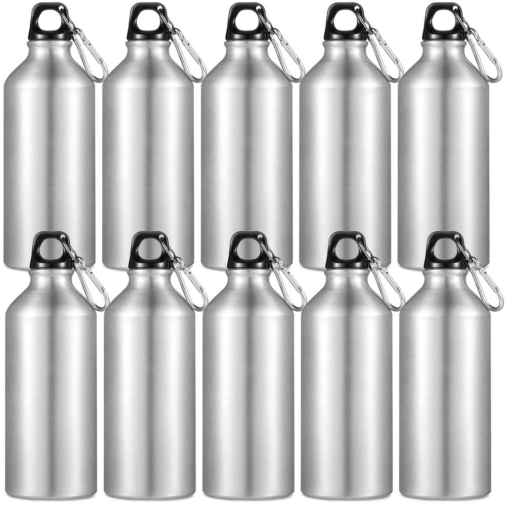 CHENGU 10 Pcs Aluminum Water Bottle 20 oz Reusable Bottles Lightweight Leak Proof Aluminum Sports Travel Bottles with Twist Cap Buckle for Gym, Hiking, Cycling, Camping, Fishing (Silver)