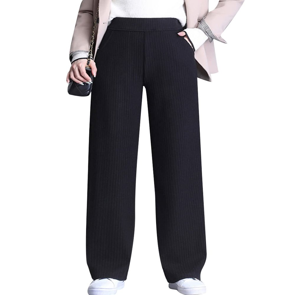 Snoly Women's Autumn Winter Thick Knitting Casual High Waist Wide Leg Drape Loose Casual Straight Mopping Pants (Medium, 1#Black)