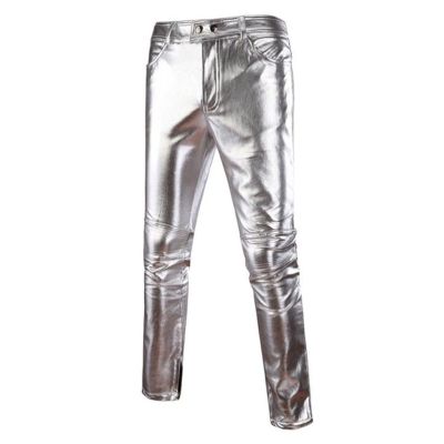 Men's Pu Leather Trousers Casual Night Club Metallic Moto Trousers Skinny Straight Leg Slim Fit Faux Skin Pants (Large,Silver)