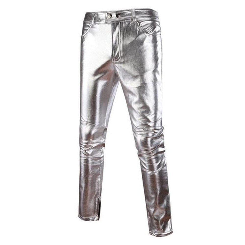 Men's Pu Leather Trousers Casual Night Club Metallic Moto Trousers Skinny Straight Leg Slim Fit Faux Skin Pants (Large,Silver)