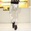 Men's Pu Leather Trousers Casual Night Club Metallic Moto Trousers Skinny Straight Leg Slim Fit Faux Skin Pants (Large,Silver) view 2