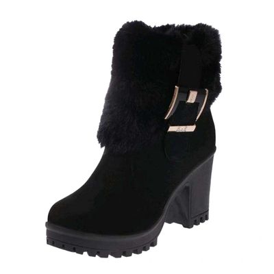ZBYY Womens Warm Faux Fur Mid Calf Boots Thick heel Winter Round Toe Walking Snow Boots Mid Heel Outdoor Riding Booties