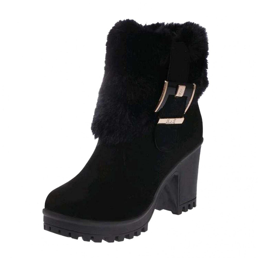 ZBYY Womens Warm Faux Fur Mid Calf Boots Thick heel Winter Round Toe Walking Snow Boots Mid Heel Outdoor Riding Booties