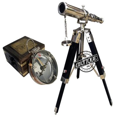Marine Sailor Brass Telescope On Wooden Tripod Stand + Victorian Magnifying Glass Compass in Vintage Wooden Box Christmas Decoration Gifts