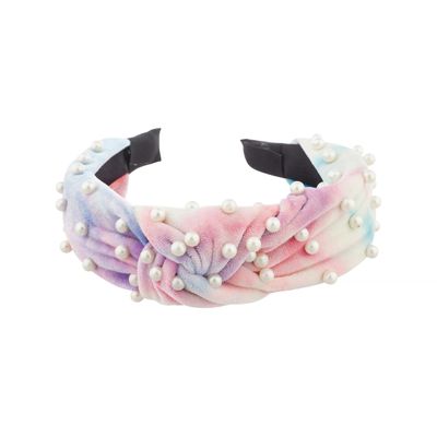 LUX ACCESSORIES Tie Dye Velvet Faux Pearl Embellished Statement Knot Headband