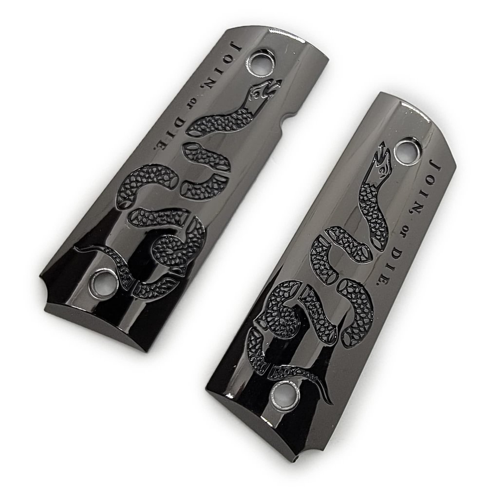 1911 Metal Grips, Gun Grips Screws Included, Full Size (Government/Commander), Smooth W Join or DIE Snake, Ambi Safety Cut Black