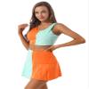 Freebily Women's Color Block Cheer Uniform Outfits U Neck Sleeveless Crop Top with Pleated Skort Skirts Orange&Light Blue Small view 3