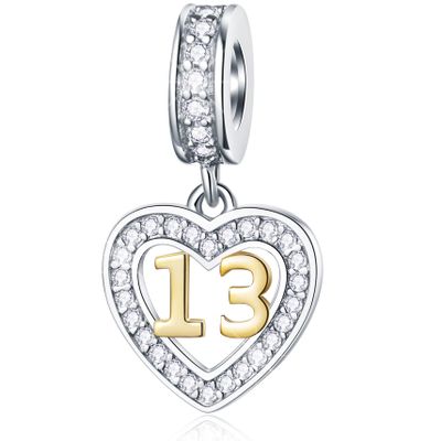 13 Years of Love Birthday Charms fits Pandora Style Bracelet, 925 Sterling Silver Number 13 Heart Bead Pendant, 13th Milestones Gifts for Back to School/Christmas