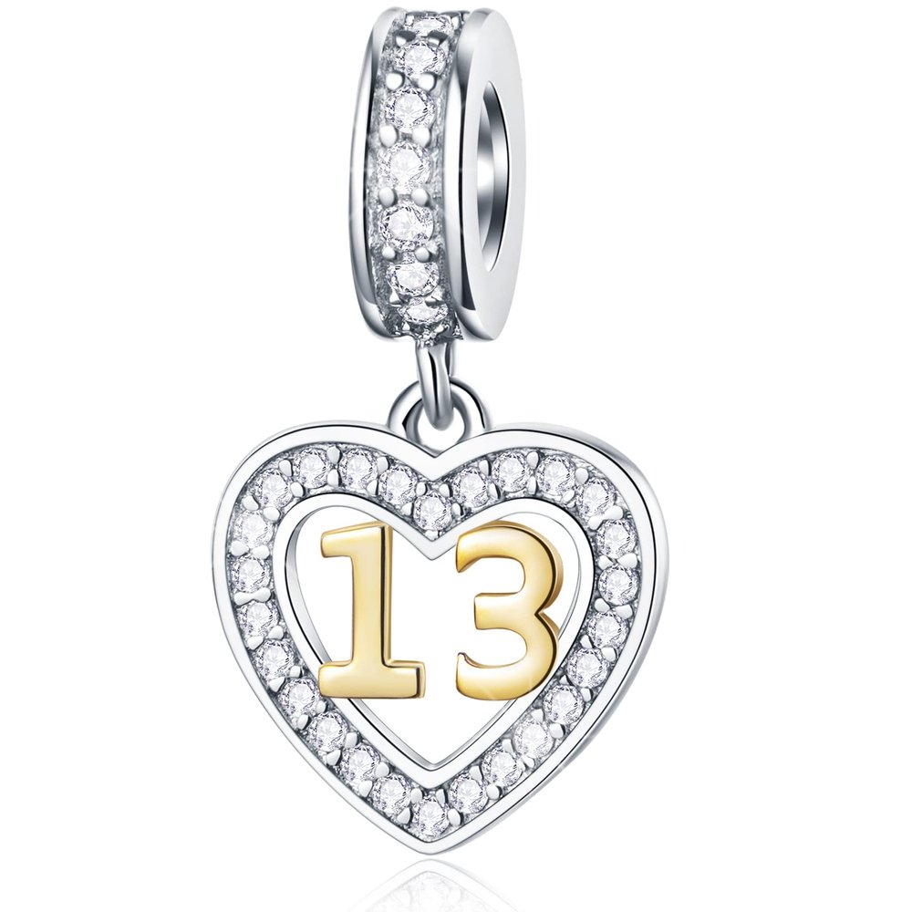 13 Years of Love Birthday Charms fits Pandora Style Bracelet, 925 Sterling Silver Number 13 Heart Bead Pendant, 13th Milestones Gifts for Back to School/Christmas