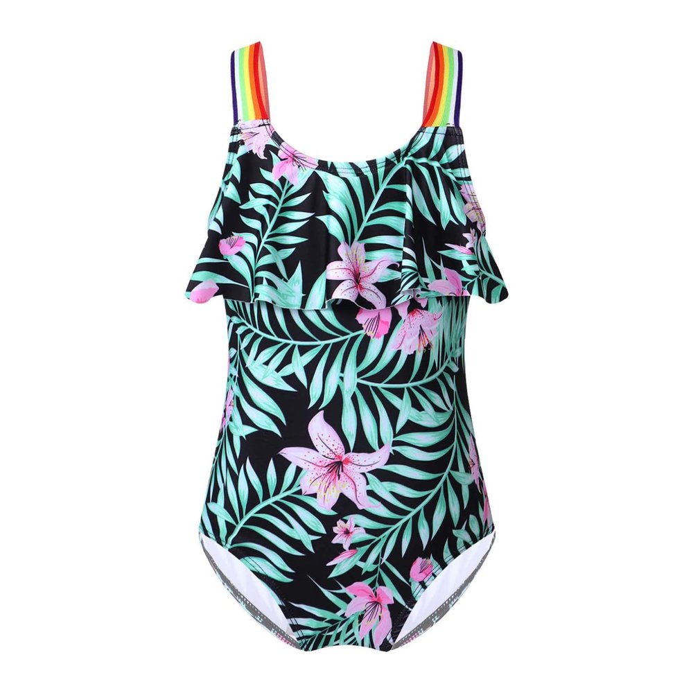 winying Kids Girls One Piece Swimsuit Hawaiian Beach Swimwear Ruffled Backless Rash Guard Beachwear 2 Green Lily 6 Years