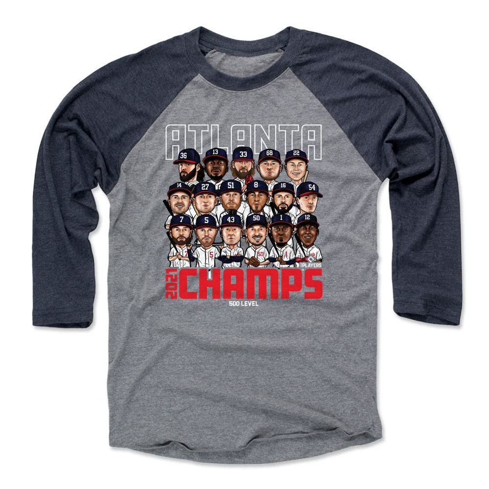 500 LEVEL Atlanta 3/4 Sleeve T-Shirt (Baseball Tee, Medium, Navy/Heather Gray) - Atlanta Baseball 2021 Champions WHT