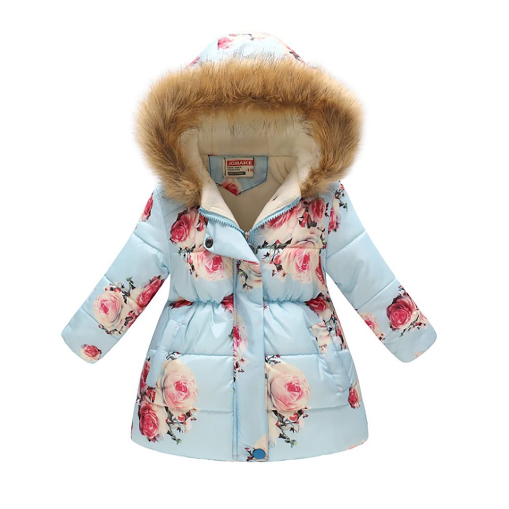 Agoky Little Girls Winter Warm Jackets Cotton Long Sleeve Print Hooded Zip Up Outerwear Outdoor Windproof Outfits Sky Blue&Rose 7-8 Years
