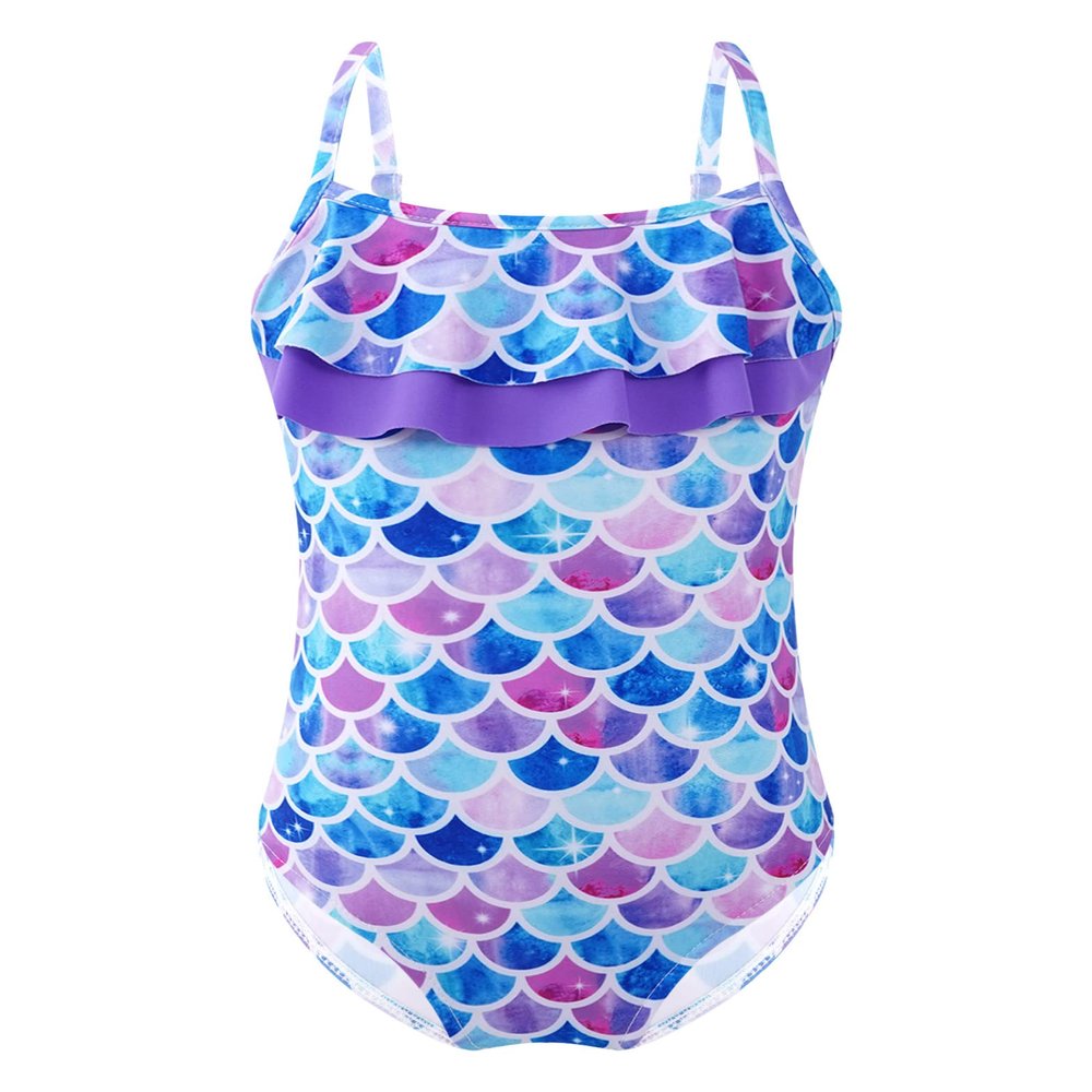 Yihuimin Girls Mermaid Princess One Piece Swimsuit Spaghetti Straps Backless Ruffles Bathing Suit Bikini Colorful Fish Scales 6 Years