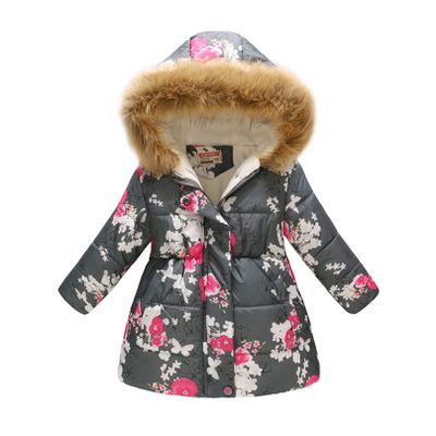 Agoky Little Girls Winter Warm Jackets Cotton Long Sleeve Print Hooded Zip Up Outerwear Outdoor Windproof Outfits Gray&Plum Flower 2-3 Years