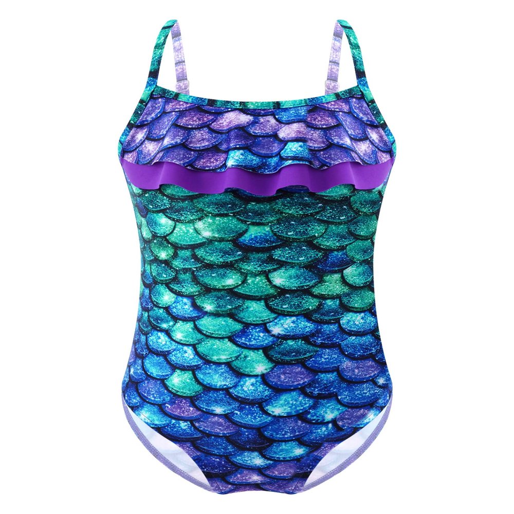 Yihuimin Girls Mermaid Princess One Piece Swimsuit Spaghetti Straps Backless Ruffles Bathing Suit Bikini Purple&Green Fish Scales 6 Years