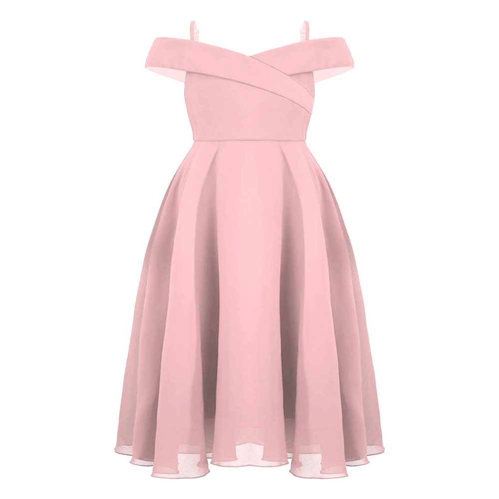 YONGHS Kids Flower Girls Dress Spaghetti Strap Off Shoulder Chiffon Bridesmaid Dress A Line Formal Long Gown Pink 12 Years