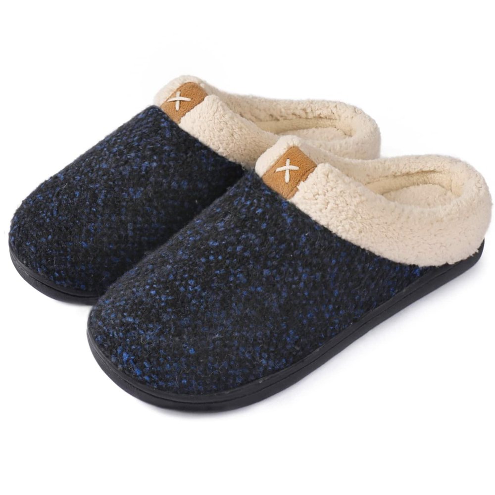 ULTRAIDEAS Mens Warm Fuzzy Slip On Slippers, Sherpa Lined House Shoes with Memory Foam for Indoor Outdoor, Mens Gifts for Winter (Upgrade Blue, Size 11-12)
