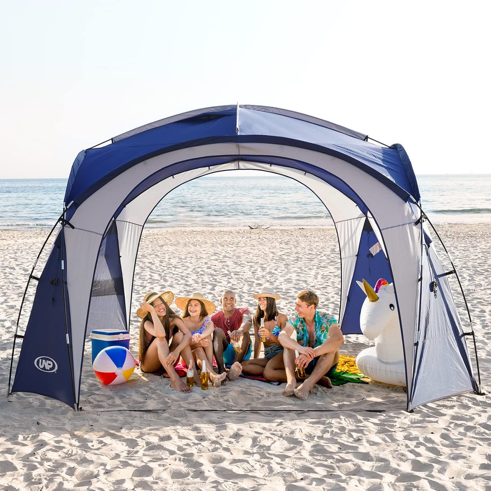 UNP Easy Beach Tent 12 X 12ft Pop Up Canopy UPF50+ Tent with Side Wall, Ground Pegs, and Stability Poles, Sun Shelter Rainproof, Waterproof for Camping Trips, Backyard Fun, Party Or Picnics(Blue)