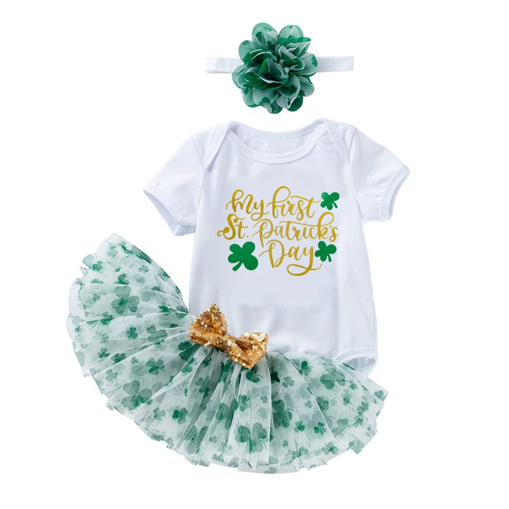 AGQT Infant Baby Girls My 1st St.patrick's Day Outfit Set 3pcs Skirt Set Short Sleeve Romper+Tutu Skirt+headband Letter Print Size 3-6 Months