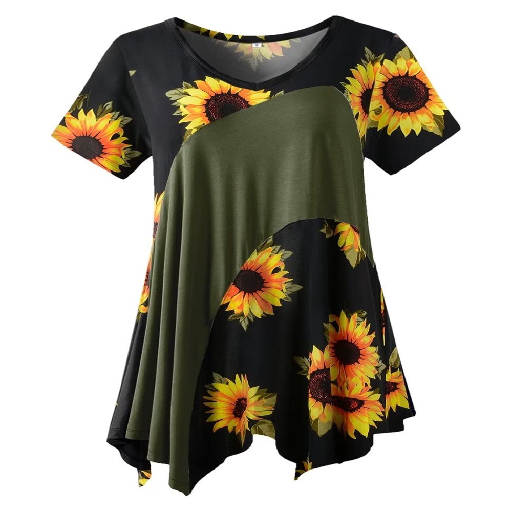 LARACE Plus Size Tops for Women V Neck Summer Sunflower Shirt Short Sleeve Blouses Patchwork Tunics(A-SunFlower27/ArmyGreen,1X)