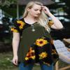 LARACE Plus Size Tops for Women V Neck Summer Sunflower Shirt Short Sleeve Blouses Patchwork Tunics(A-SunFlower27/ArmyGreen,1X) view 2
