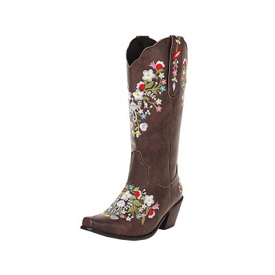ZBYY Women Flower Embroidered Mid Calf Booties Square Toe Western Boots Chunky Heel Pull On Short Cowboy Cowgirl Boots