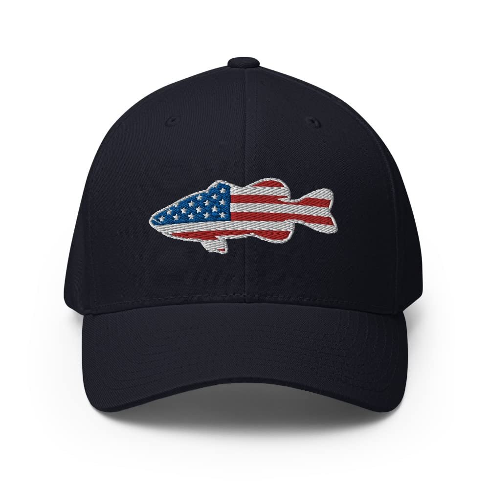 Gunner Gear Flexfit Fishing Hat Bass Fish American Flag Embroidered Baseball Hat Structured Twill Cap Dark Navy