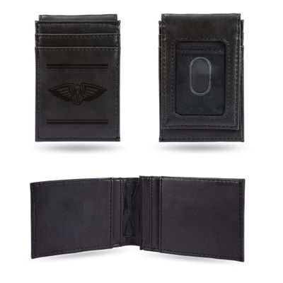 Rico Industries NBA New Orleans Pelicans Premium Laser Engraved Vegan Black Leather Front Pocket Wallet - Compact and Slim Yet Sturdy Design - Perfect to Show Your Team Pride or Gift
