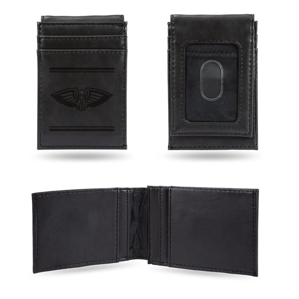 Rico Industries NBA New Orleans Pelicans Premium Laser Engraved Vegan Black Leather Front Pocket Wallet - Compact and Slim Yet Sturdy Design - Perfect to Show Your Team Pride or Gift