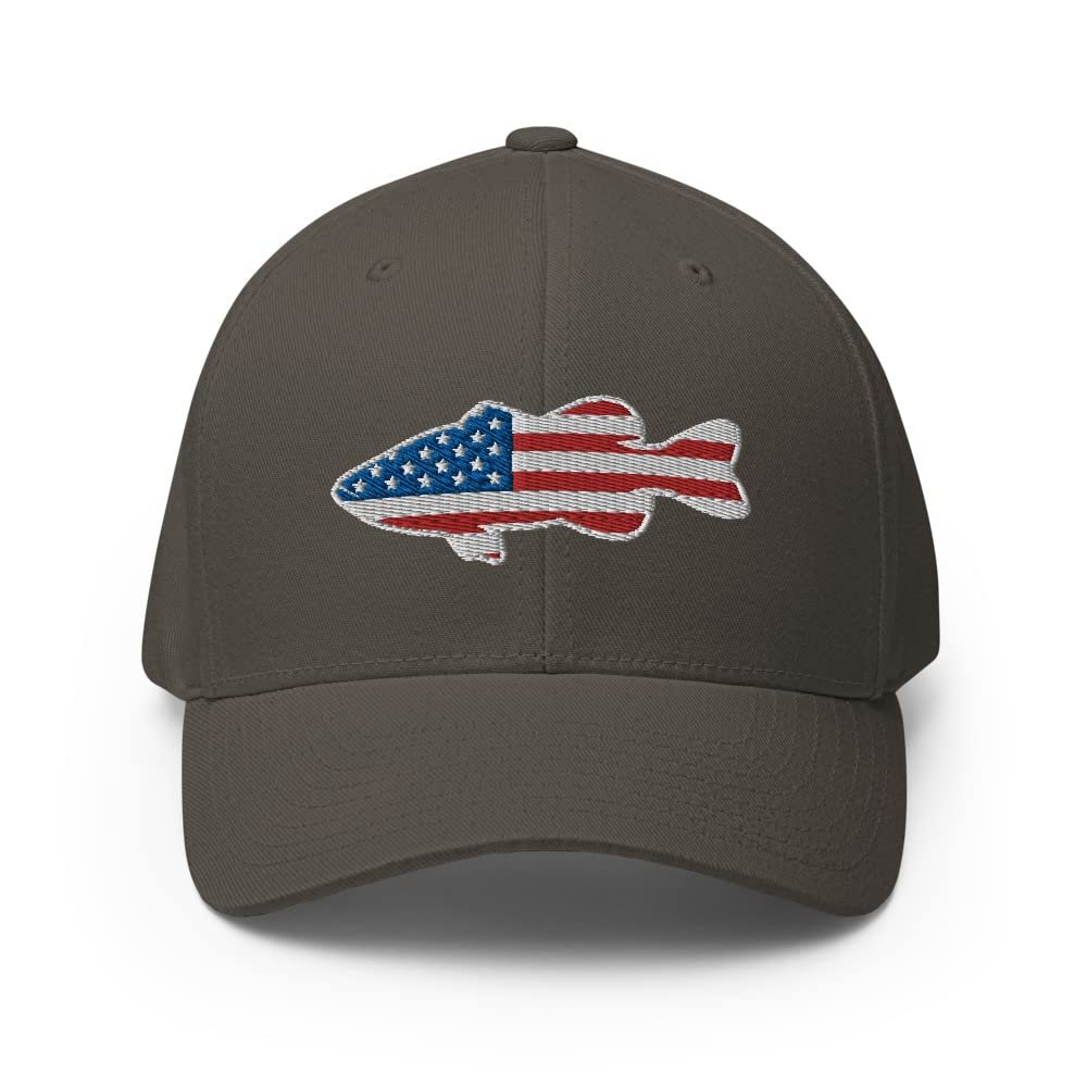 Gunner Gear Flexfit Fishing Hat Bass Fish American Flag Embroidered Baseball Hat Structured Twill Cap Dark Grey