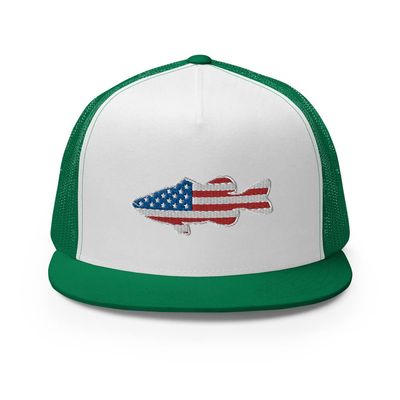 Gunner Gear Fishing Hat Bass Fish American Flag Embroidered Snapback Trucker Hat Yupoong 6006