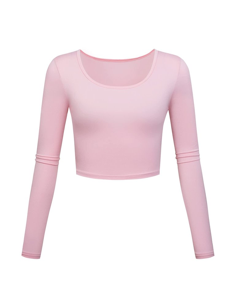 Long Sleeve Crop Tops for Women Workout Basic Clothes for Teen Ladies Fitted Slim Scoop Neck Cute Yoga Shirts (Pink, Medium)