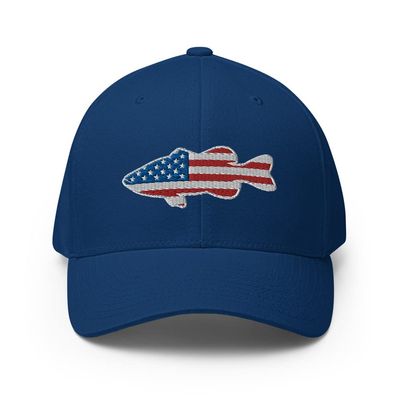 Gunner Gear Flexfit Fishing Hat Bass Fish American Flag Embroidered Baseball Hat Structured Twill Cap Royal Blue