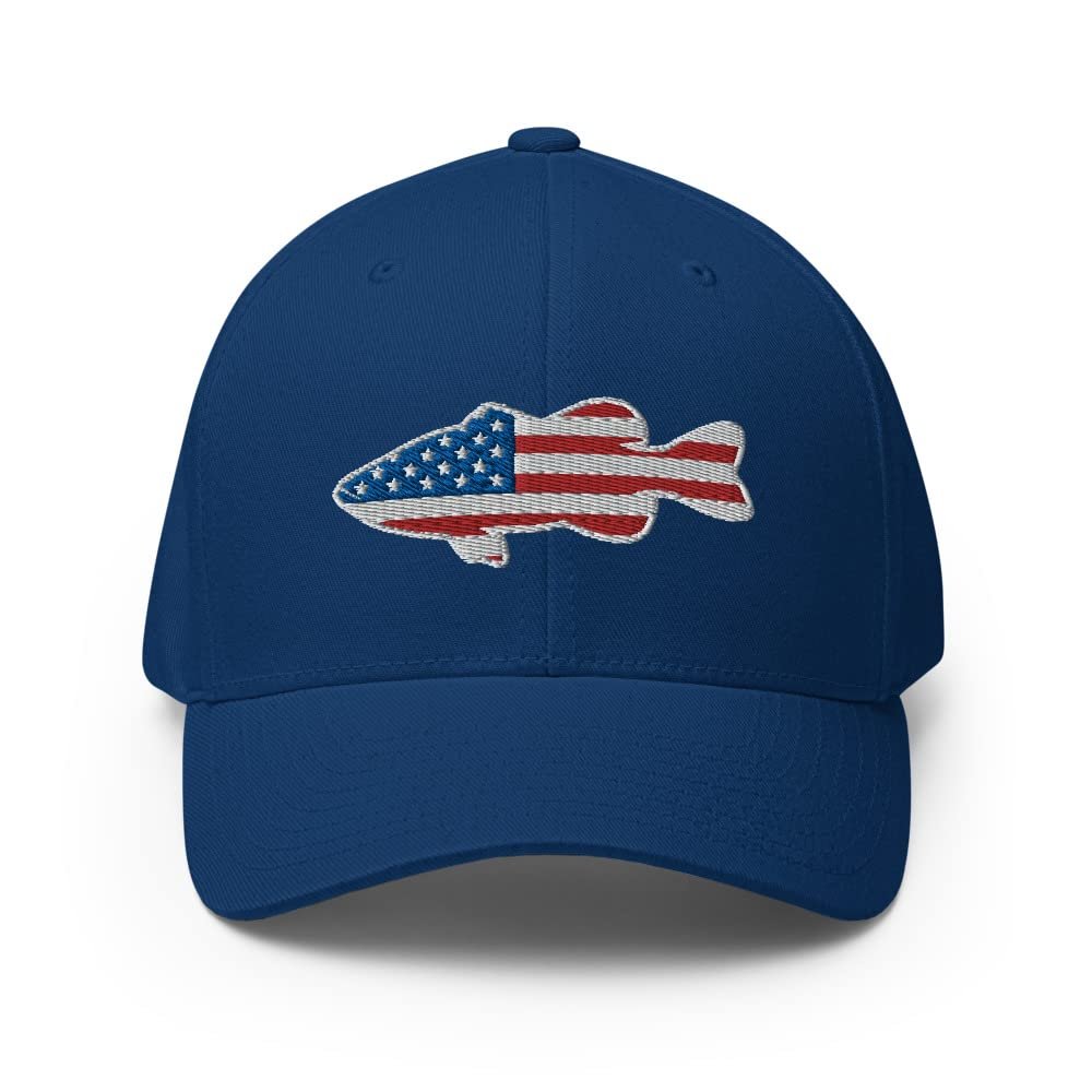 Gunner Gear Flexfit Fishing Hat Bass Fish American Flag Embroidered Baseball Hat Structured Twill Cap Royal Blue