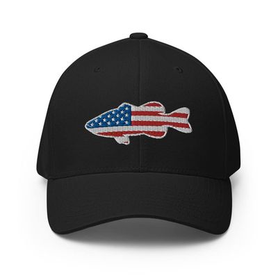 Gunner Gear Flexfit Fishing Hat Bass Fish American Flag Embroidered Baseball Hat Structured Twill Cap Black