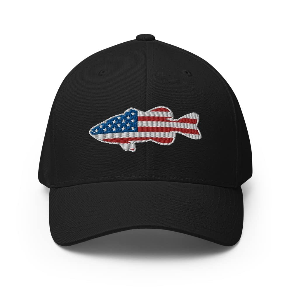 Gunner Gear Flexfit Fishing Hat Bass Fish American Flag Embroidered Baseball Hat Structured Twill Cap Black